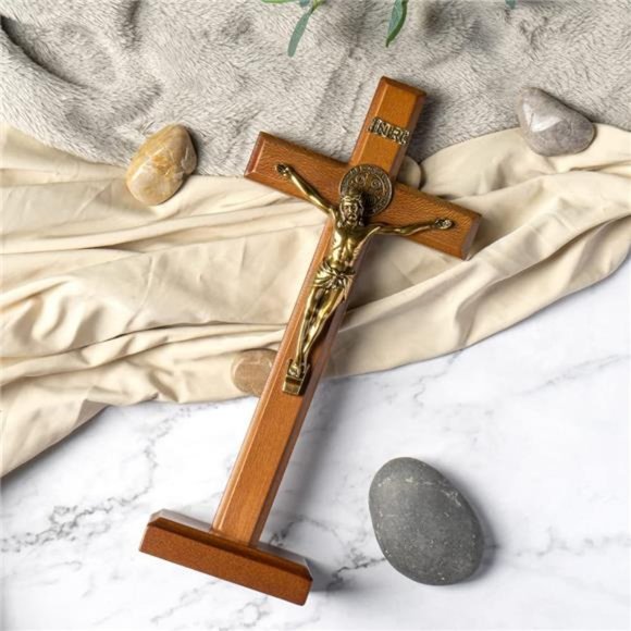 Crucifix Cross Catholic 10.7 Inch Wooden Jesus Christ Wall Cross Stand - Picture 5 of 7